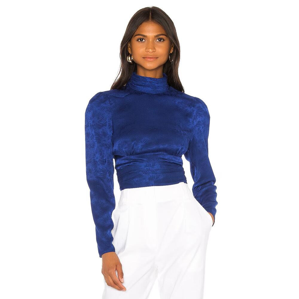 L'Academie The Suzanne Top in Navy Sz Small Open-Back Jacquard Blouse - Picture 2 of 10